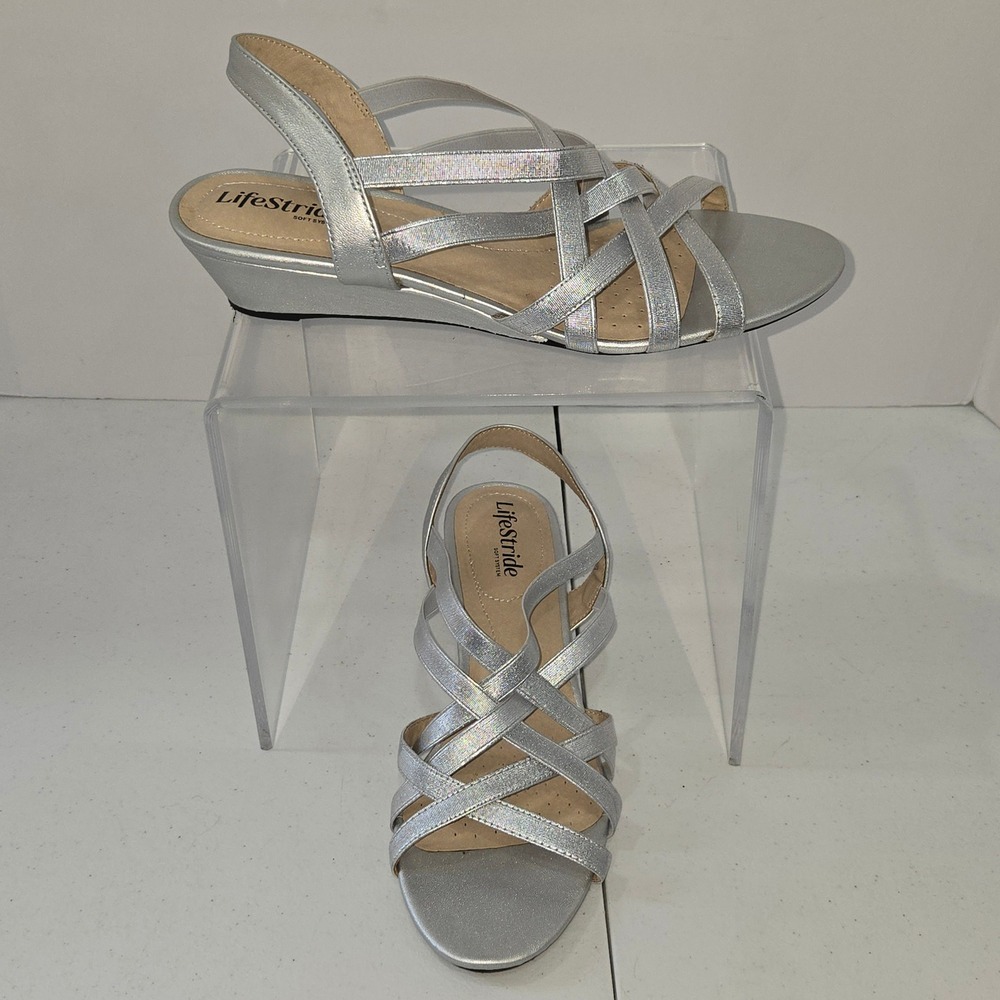 LifeStride Yung Silver Metallic Strappy Wedge Sandals Women 9.5M Comfort Shoes